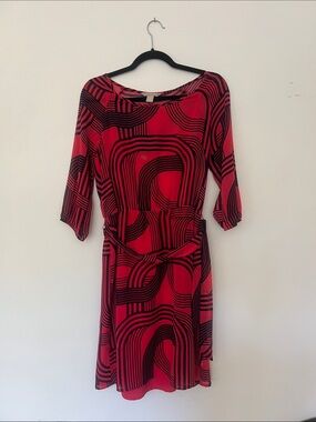 Banana Republic Red & Black Abstract Tie-Waist Long Sleeve Dress